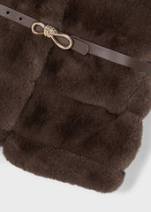 Mayoral Girls Fur Gilet with Belt in coffee. Lightweight layering piece featuring faux fur detailing and an adjustable belt for a polished finish.