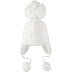 EMILE et ROSE Griffin - Baby white knitted helmet-shaped hat with ear flaps and small pompoms trimming the ends of the ties below each ear. The main feature is the fun, over-size pompom on the top!