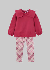 Mayoral red pullover with a large collar and plaid leggings.