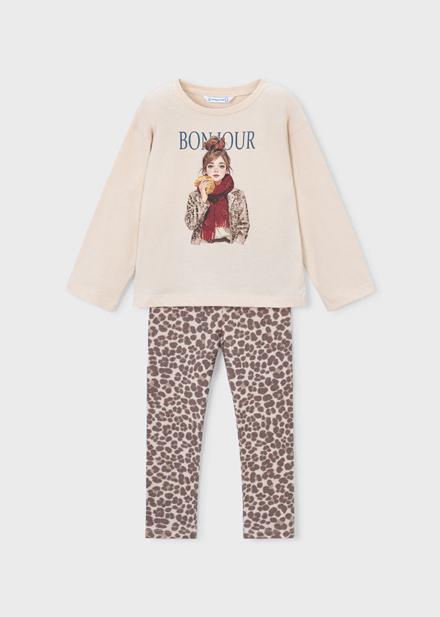 Mayoral knit leggings set featuring a striking leopard print on a warm chestnut base