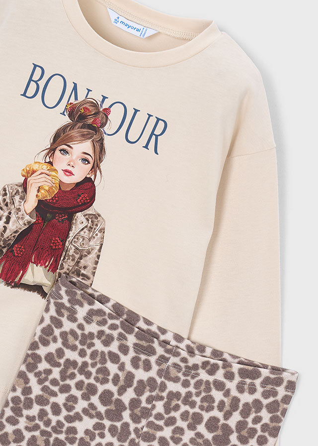Mayoral knit leggings set featuring a striking leopard print on a warm chestnut base