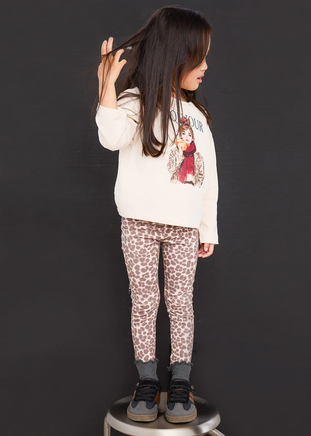 Mayoral knit leggings set featuring a striking leopard print on a warm chestnut base