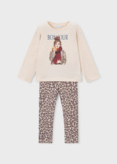 Mayoral knit leggings set featuring a striking leopard print on a warm chestnut base