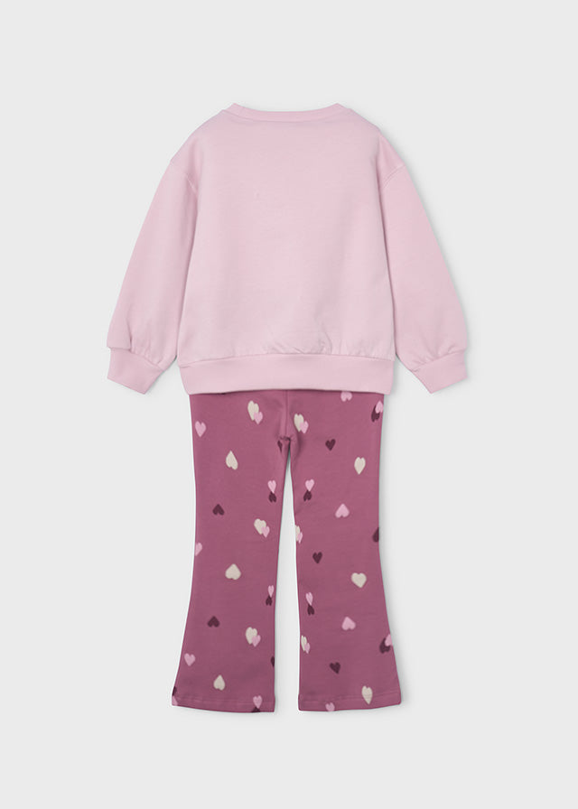 Mayoral Cosy fleece pullover with adorable bear design paired with heart-print leggings. Soft Violet