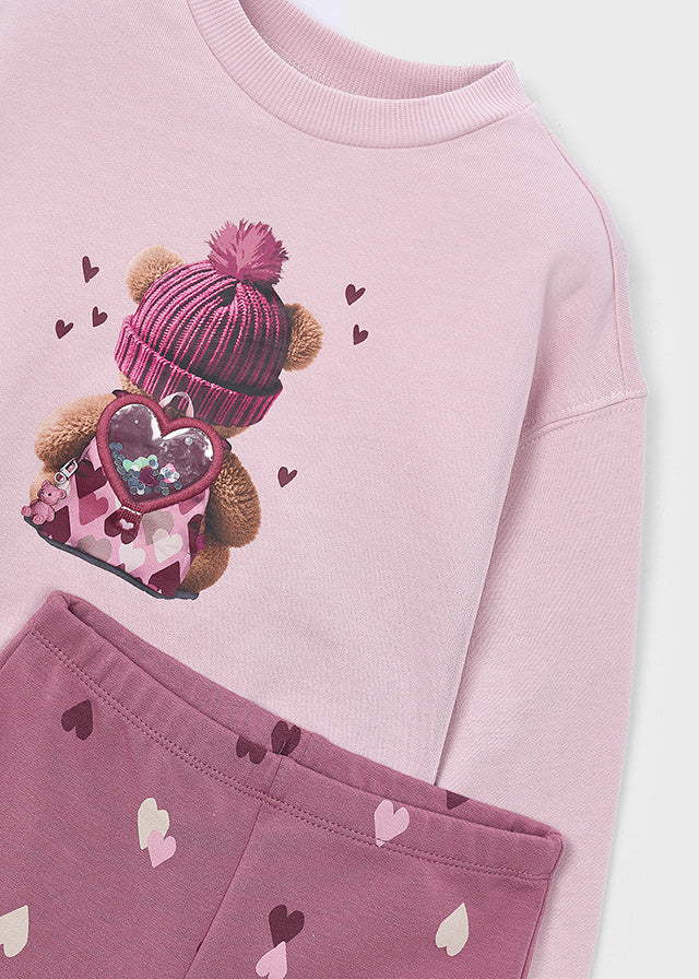 Mayoral Cosy fleece pullover with adorable bear design paired with heart-print leggings. Soft Violet