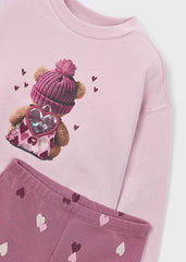Mayoral Cosy fleece pullover with adorable bear design paired with heart-print leggings. Soft Violet