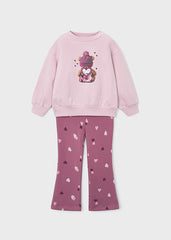 Mayoral Cosy fleece pullover with adorable bear design paired with heart-print leggings. Soft Violet