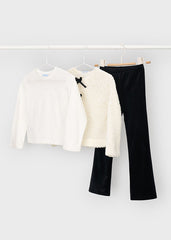 Mayoral mini girls three-piece set with long-sleeved top, flared leggings, and jacket.