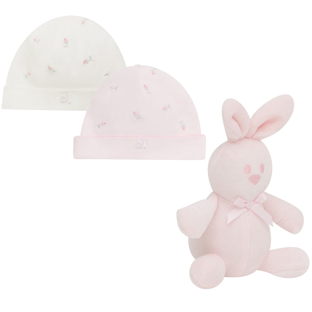 LINZI 2 Hat Gift Set with Embroidered Rosebud & Toy