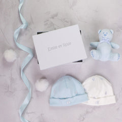 EMILE et ROSE Linden is a lovely new baby boy gift set. Blue and white hat with soft toy.