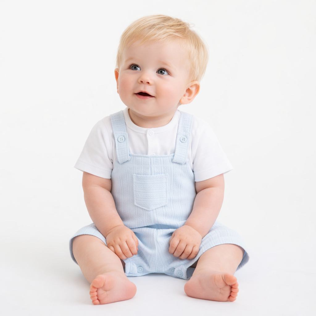 Elegant mock dungarees in pale blue for baby boys by Pastels &amp; Co.