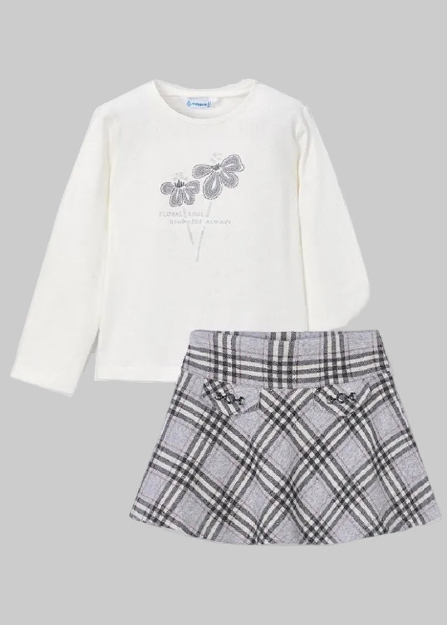 Mayoral Girls Cream Long Sleeve Top and Plaid Skirt