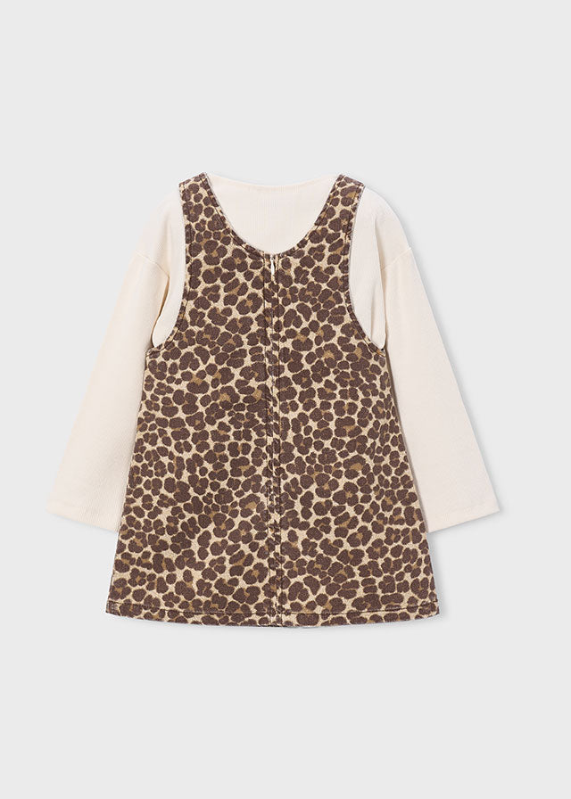 Mayoral Girls Twill Pinafore Dress in chestnut with coordinating long-sleeved t-shirt.