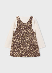 Mayoral Girls Twill Pinafore Dress in chestnut with coordinating long-sleeved t-shirt.