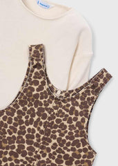 Mayoral Girls Twill Pinafore Dress in chestnut with coordinating long-sleeved t-shirt.