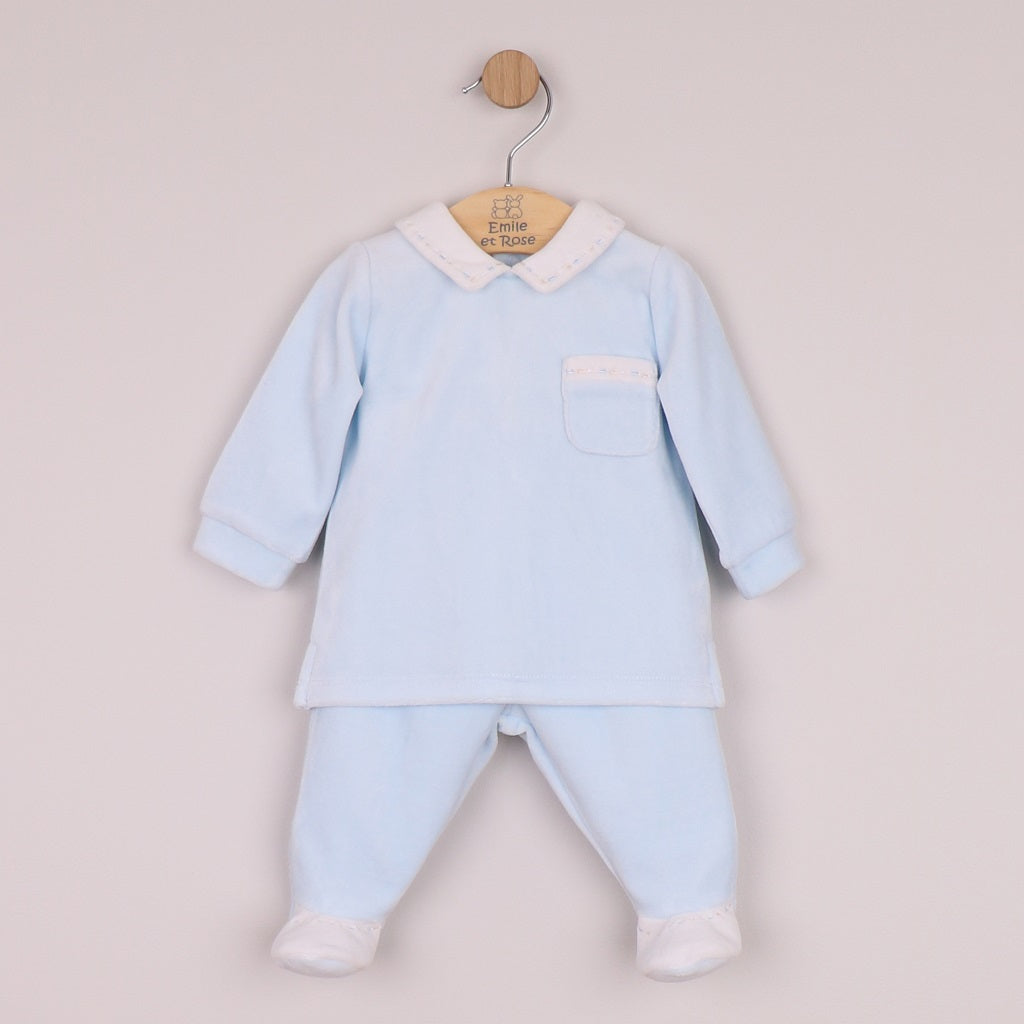 EMILE et ROSE Mason is another velour option for little boys but this time in a two piece. Mainly in soft pale blue velour the co-ordinating white collar and pocket edge are embroidered with blue and stone dashes. The cosy leggings have a gently elasticated waist and white feet with dash embroidery, simple, but smart.