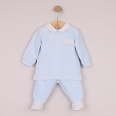 EMILE et ROSE Mason is another velour option for little boys but this time in a two piece. Mainly in soft pale blue velour the co-ordinating white collar and pocket edge are embroidered with blue and stone dashes. The cosy leggings have a gently elasticated waist and white feet with dash embroidery, simple, but smart.