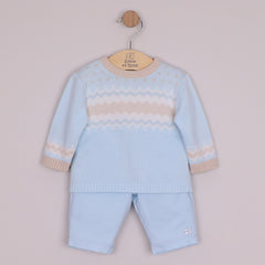 EMILE et ROSE Martin. This "smart casual" outfit should be part of any little boys’ wardrobe. The pale blue round neck jumper has a white and stone chevron and zig-zag Scandi design. The smart woven trousers have two pockets and a comfy waistline for baby