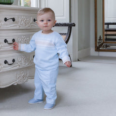 EMILE et ROSE Martin. This "smart casual" outfit should be part of any little boys’ wardrobe. The pale blue round neck jumper has a white and stone chevron and zig-zag Scandi design. The smart woven trousers have two pockets and a comfy waistline for baby