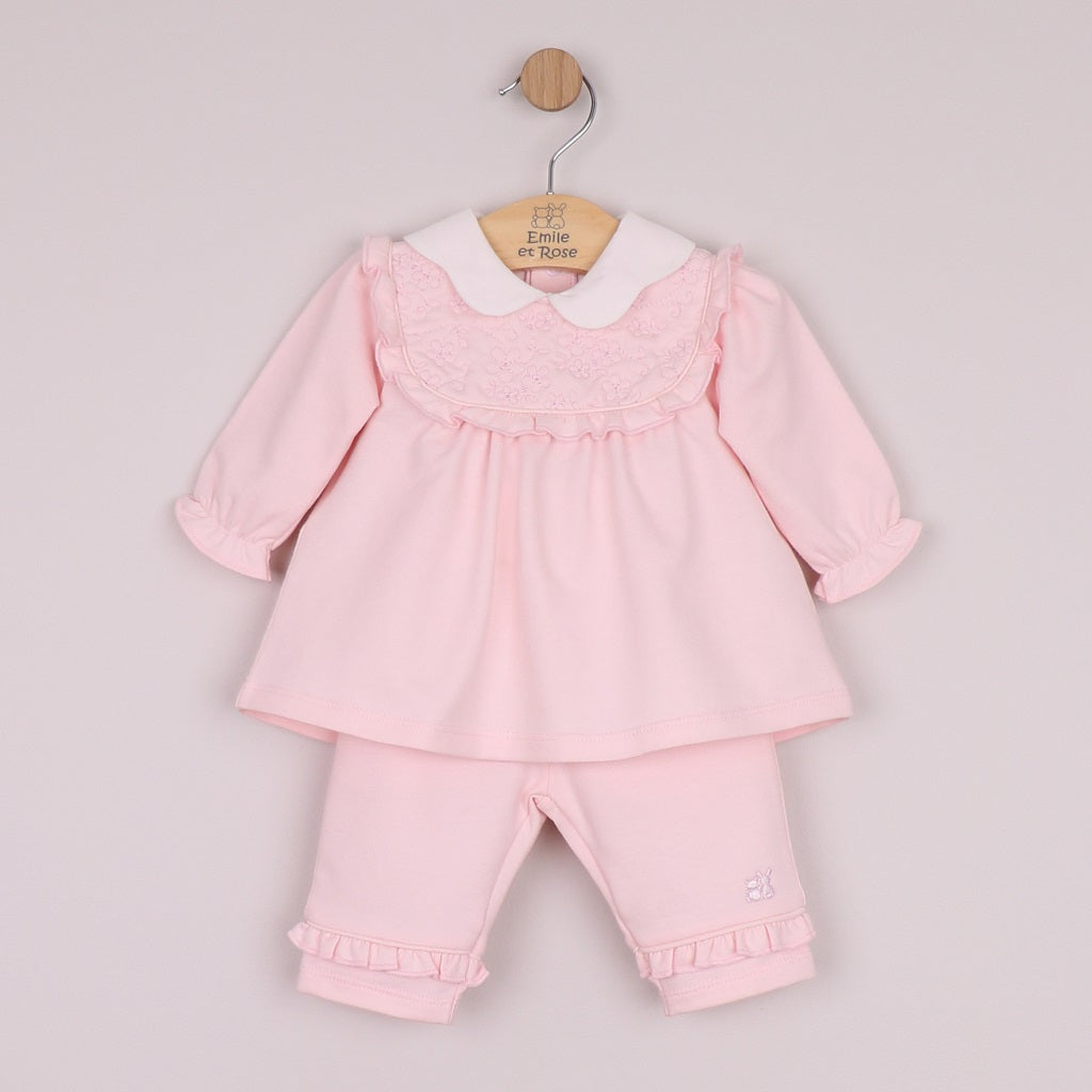 EMILE et ROSE Macey is a beautiful baby girls 2pc outfit in cosy Baby French Terry, the smock top has the same intricately embroidered, frilled inset yoke and pretty scalloped collar. On the trouser, the same frill from the yoke decorate each leg, very feminine!
