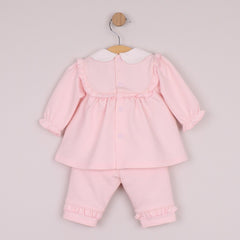 EMILE et ROSE Macey is a beautiful baby girls 2pc outfit in cosy Baby French Terry, the smock top has the same intricately embroidered, frilled inset yoke and pretty scalloped collar. On the trouser, the same frill from the yoke decorate each leg, very feminine.