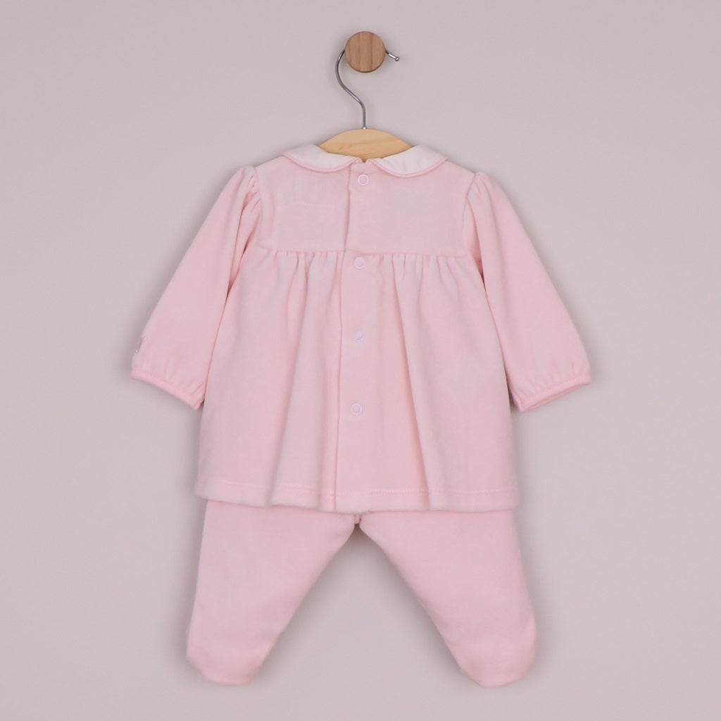 EMILE et ROSE cosy velour 2pc, is Michelle. This top has a pretty flower embroidered scallop hem adorning the yoke overlay. The perfect curved white collar edged with pink piping co-ordinates beautifully with the white feet of the cosy foot-in leggings. 