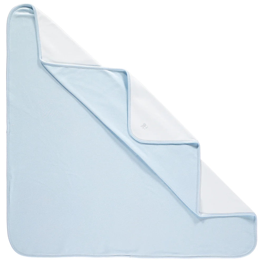 EMILE ET ROSE The softest cotton is used for this square blanket with rounded corners. Blue on one side and white on the other, there is an embroidered Emile et Rose logo in blue on the white side.
