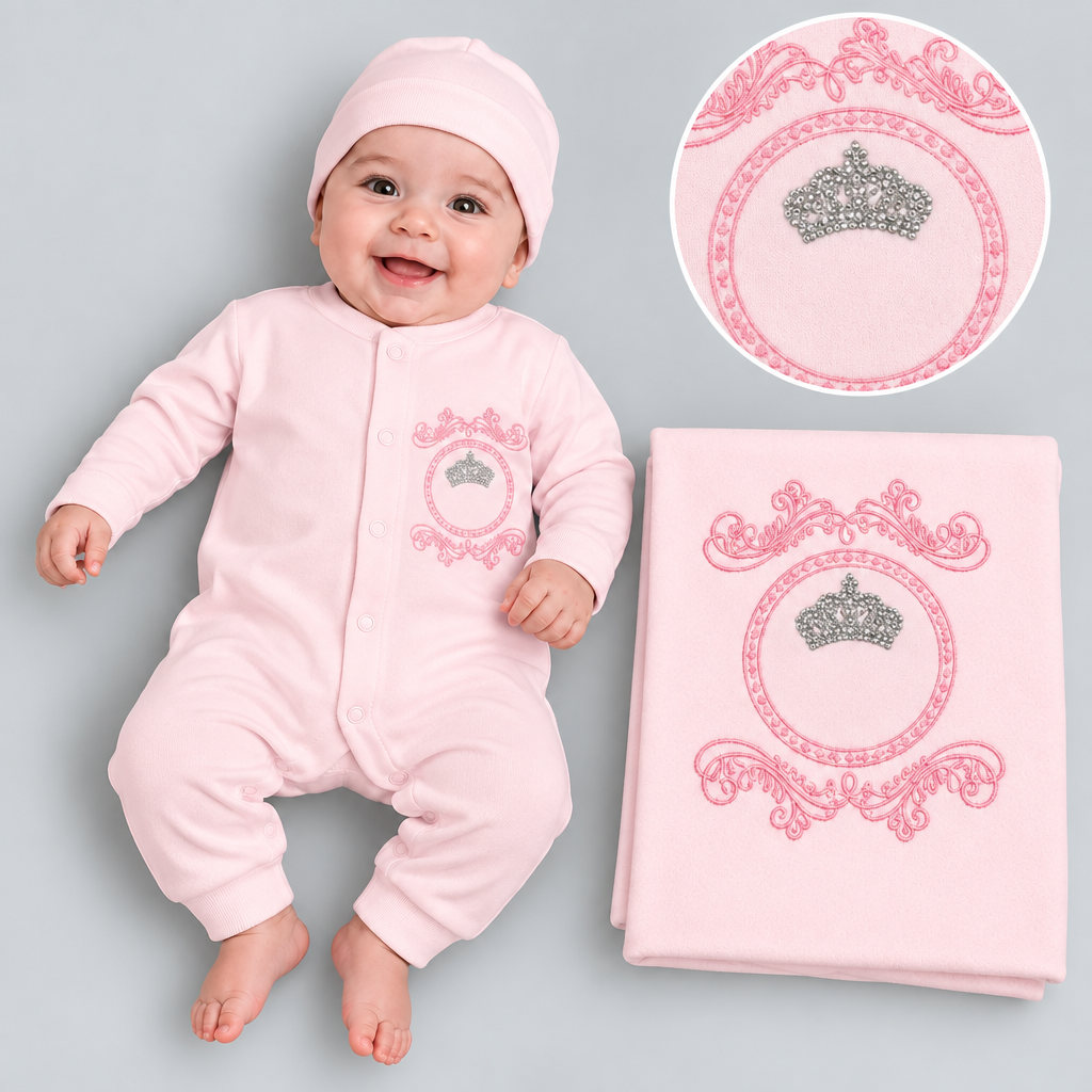 Baby girls light pink footless onesie and matching beanie and matching pink blanket. The garment and blanket are decorated with a pink crown crest and the word 'Princess' 