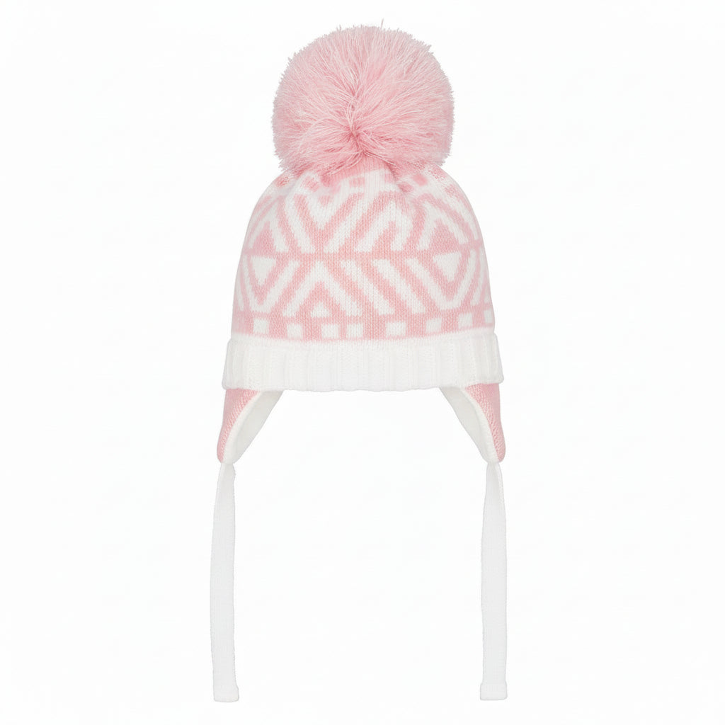 Pastels & Co Baley Nordic knit hat with single pom pom. Pink/White