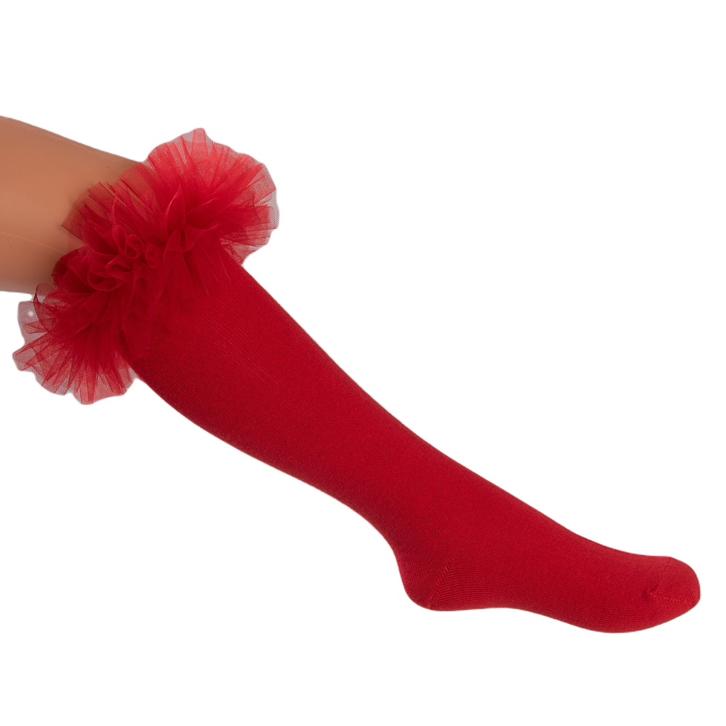 Girls Daga cotton knee high socks, red tulle ruffles adds a touch of glam for any special occasion.&nbsp;