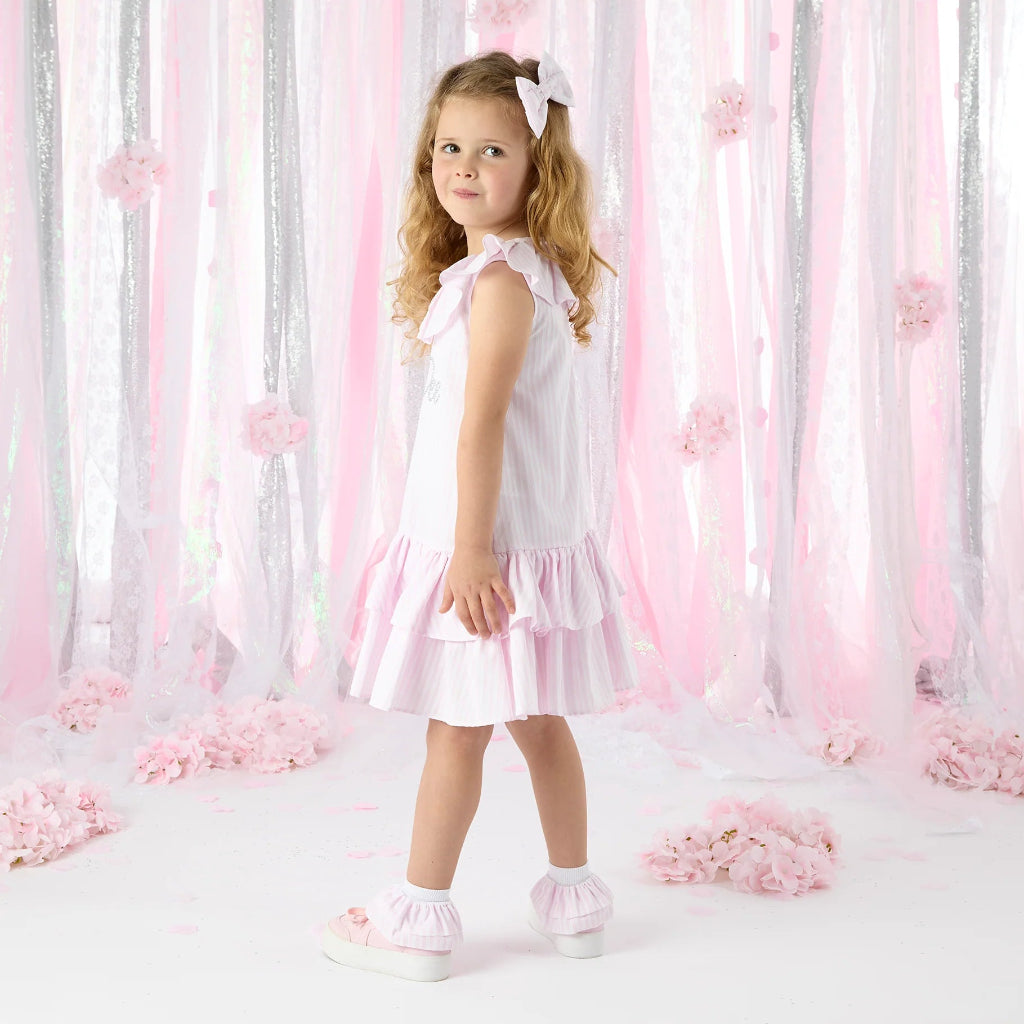 ADEE Celeste Seersucker stripe frill dress dress. Pink Blossom