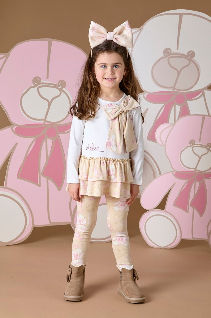 ADEE Summer Teddy Print Bow Legging Set Beige