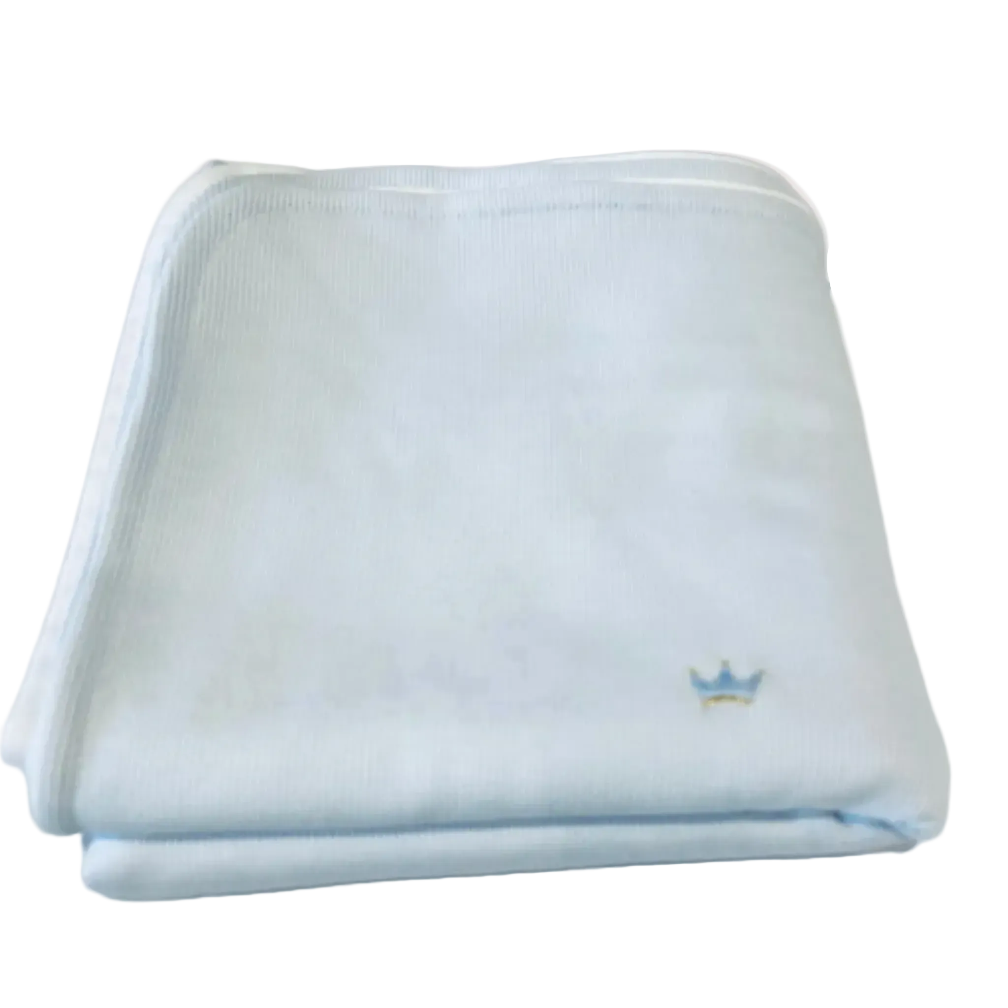Handcrafted blanket in Peru with charming embroidered crowns motif in pale blue and gold. A special gift for a new baby boy from the Adriana Mae Celeste Real Collection. Pima Cotton.
