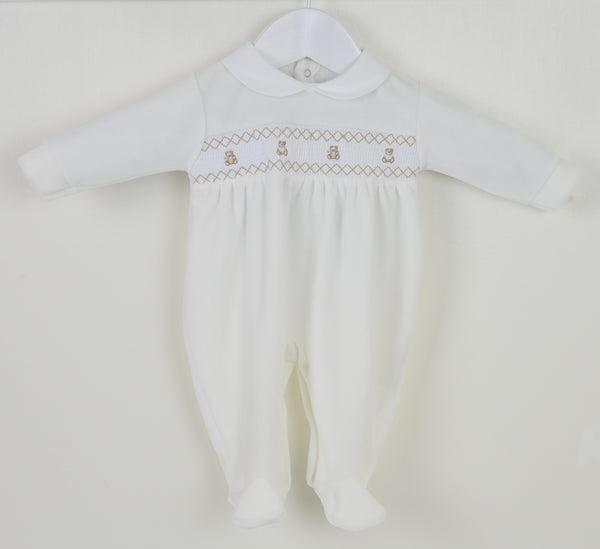 PEX Teddy Smocked Sleepsuit Ivory