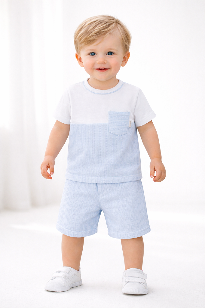 The Pastels &amp; Co Henry set combines a pale blue t-shirt and shorts in one coordinated outfit. Perfect for baby boys comfort and style.