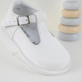 Pex Stef Junior Beautiful premium white leather, classic t-bar design with silver buckle at ankle.