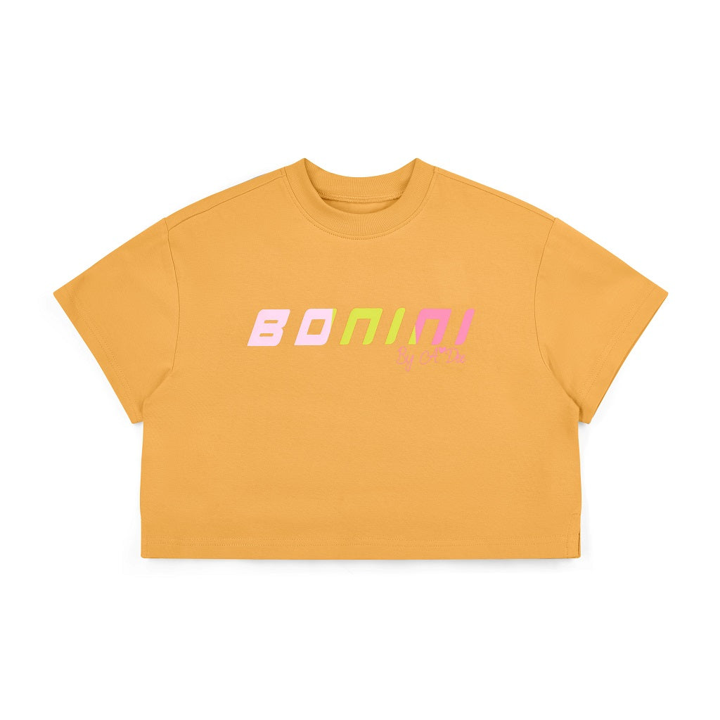 BONINI by ADee The Shine cropped logo t-shirt features a gradient colour logo across the front. Florida Orange