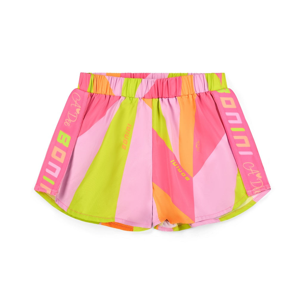 BONINI by ADee The Spark shorts are made in sikly all-over print poly with an elasticated waistband and logo taping down the sides. Hot Pink