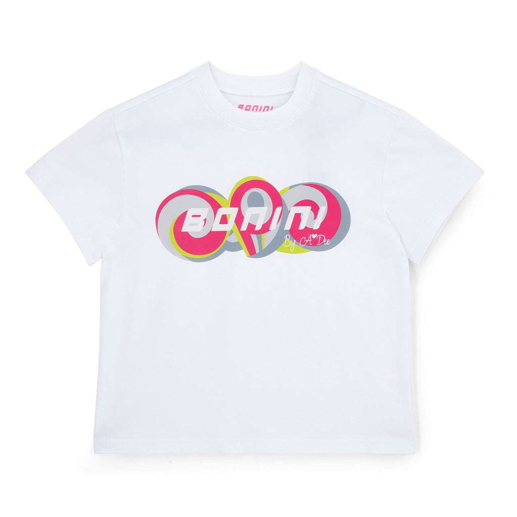 BONINI by ADee The white Dynamic t-shirt features a supercool swirl Bonini logo graphic on the front. The perfect Bonini basic. Bright White/Hot Pink