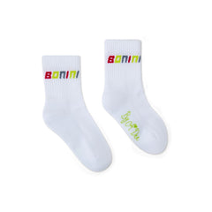 BONINI by ADee White Twirl sports socks, featuring a contrast multi-colour logo around the cuff.