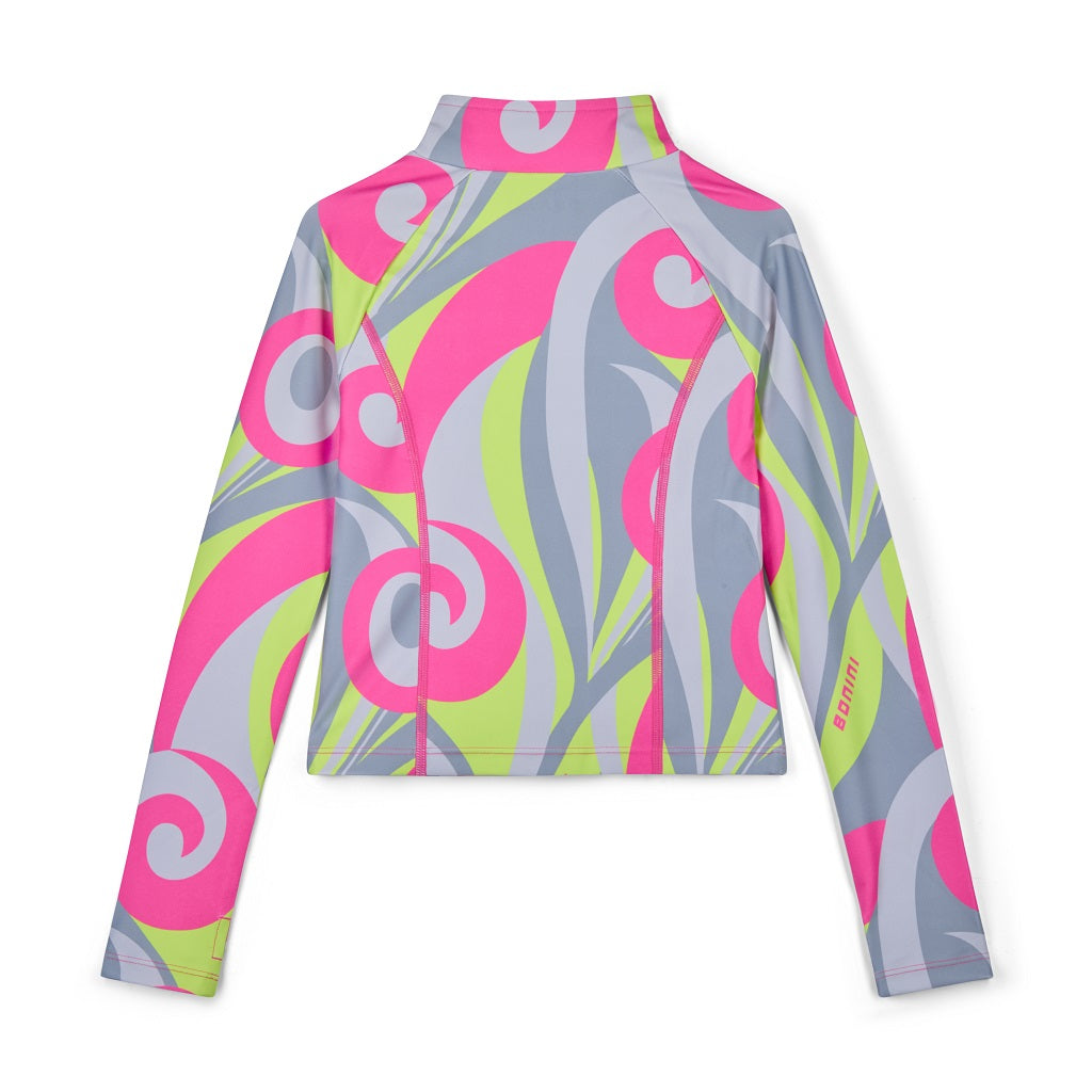 BONINI by ADee The Revive Zipper features a sporty, slim-fit design and finger holes at the cuff for added comfort, made in our new swirl print. Hot Pink