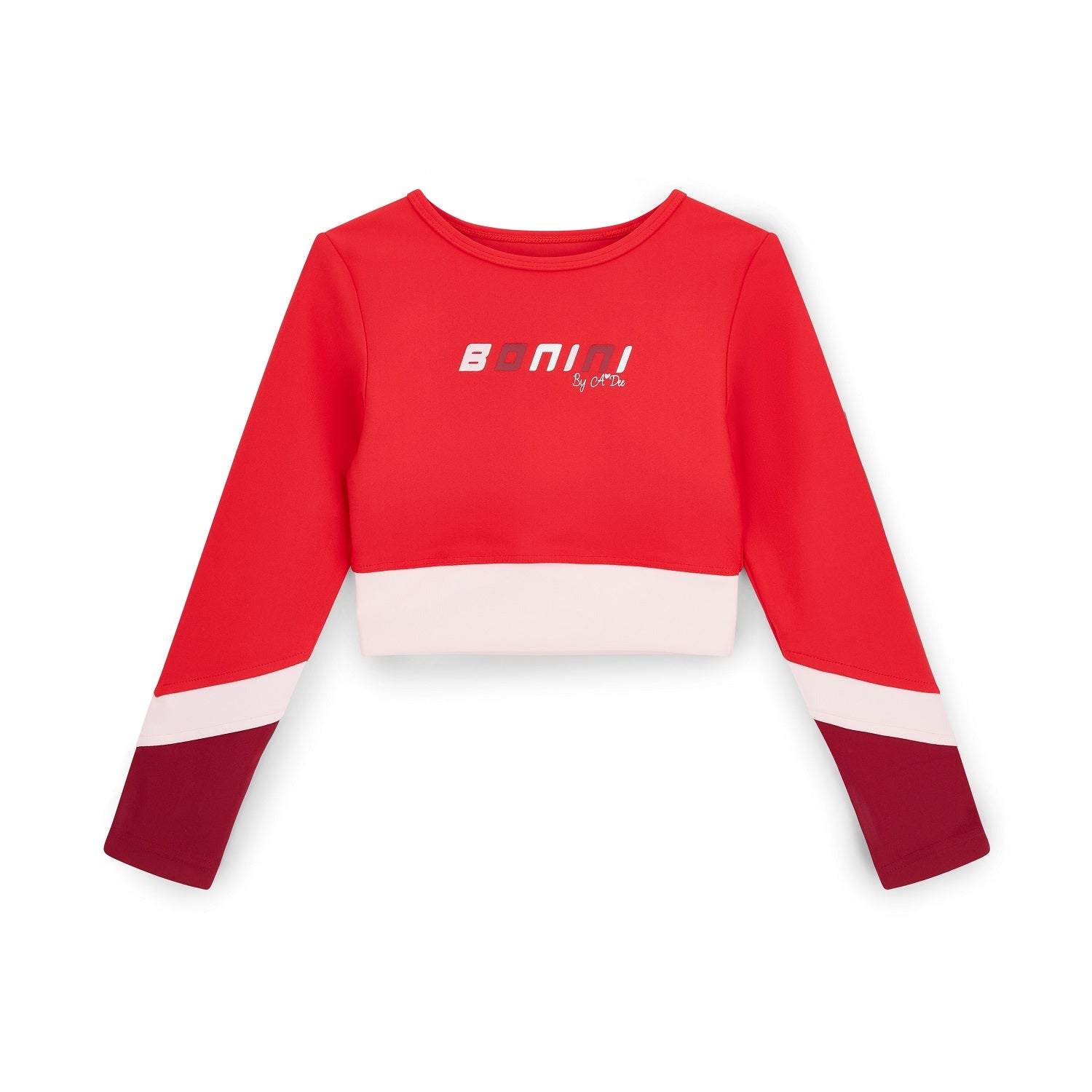 BONINI by ADee The Motion Crop Top features a cropped fit with long sleeves and bold contrast panels, delivering a sporty, standout look. Red