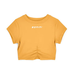 BONINI by ADee The Aspire short sleeve ruched t-shirt. Made from our signature fabric, a blend of polyester and elastane for ultimate stretch and comfort, it features ruched detail on the front and is finished with Bonini branding on the front. Florida Orange