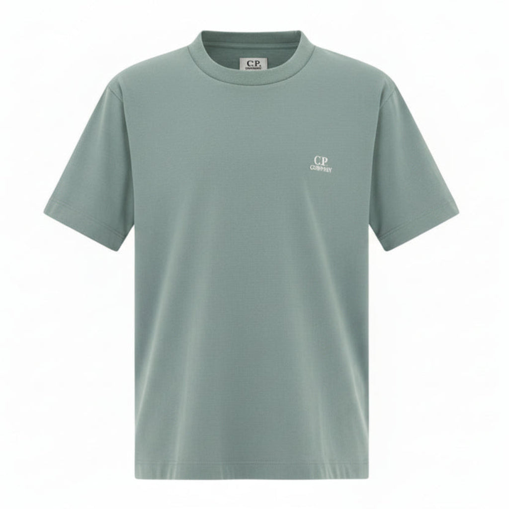 C.P. COMPANY Boys Cotton short sleeved t-shirt. Chest and back with printed logo, ribbed crewneck. Regular Fit. Silver Blue