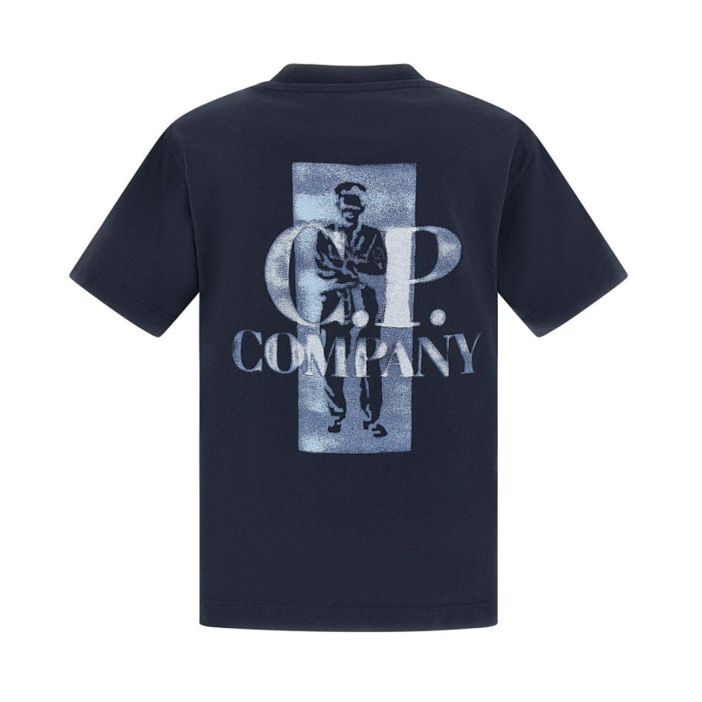 CP Company Boys Logo T-Shirt, a timeless wardrobe essential featuring striking chest and back graphics that showcase the brand's iconic imagery alongside a classic British sailor motif.