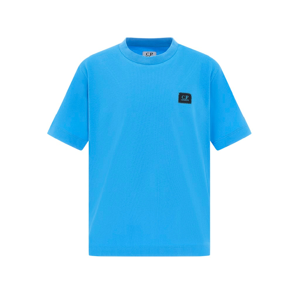 Classic C.P. COMPANY tee with embroidered logo patch and ribbed crew neckline. 