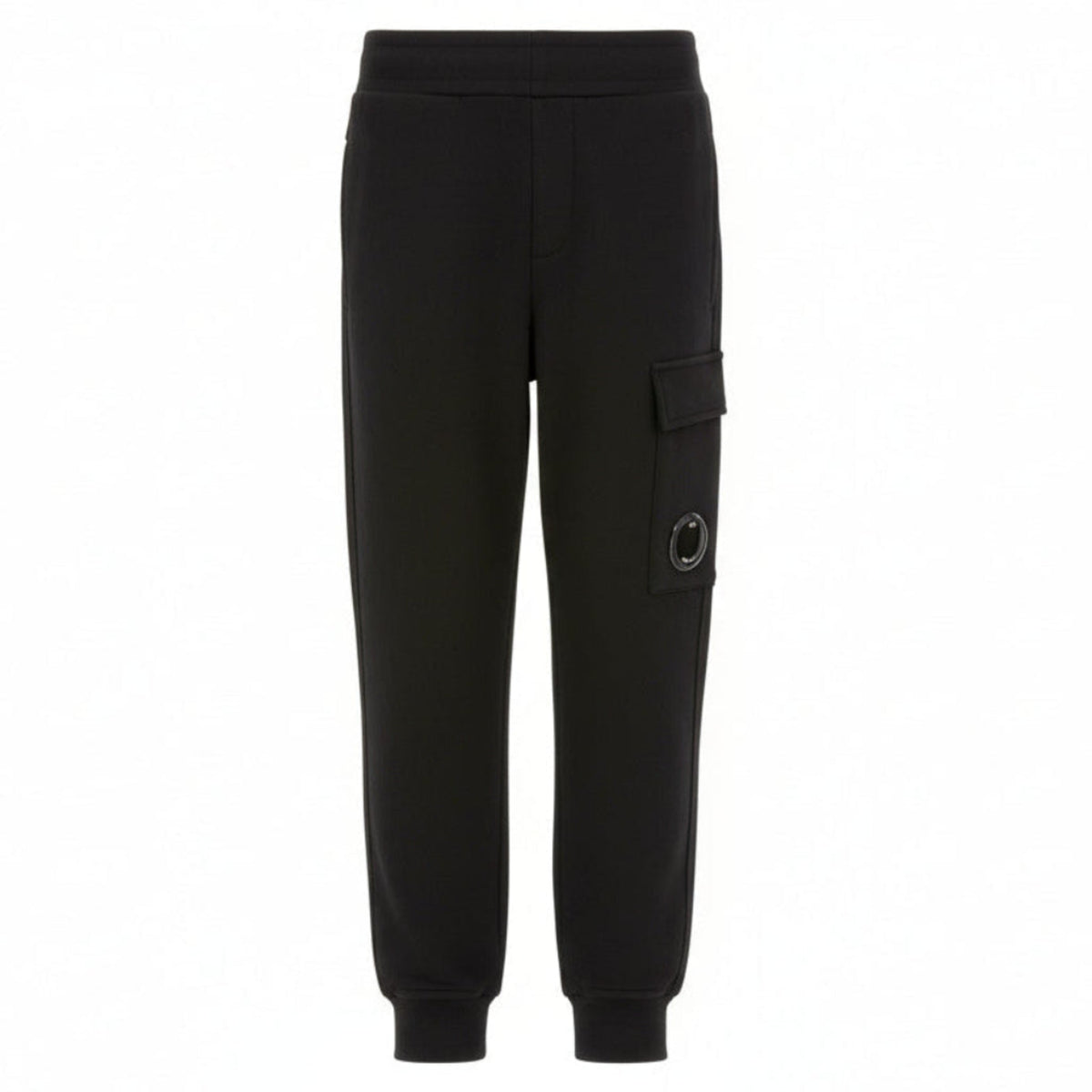 CP Company Boys Black U16 Diagonal Fllece Cargo Lens Sweatpants feature an adjustable drawstring waistband, practical side pockets, and signature cargo flap pockets with iconic Lens detailing