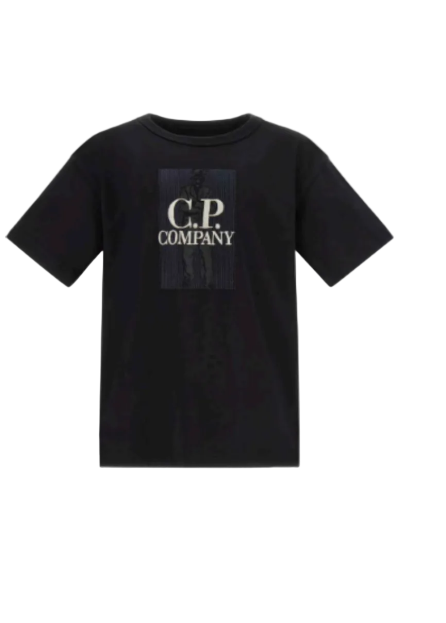 CP Company Kids Ribbed crewneck t-shirt with logo and british sailor print on front. Black