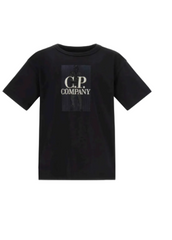CP Company Kids Ribbed crewneck t-shirt with logo and british sailor print on front. Black