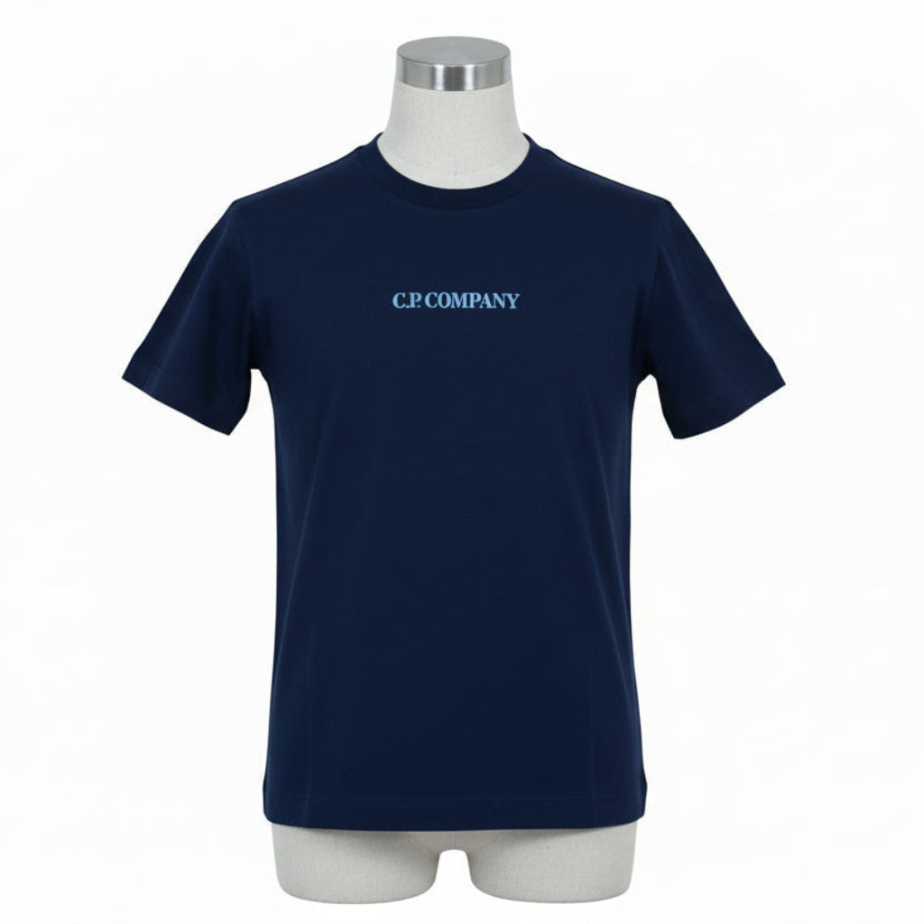C.P. COMPANY Boys Cotton short sleeved t-shirt. Chest and back with printed logo, ribbed crewneck.&nbsp; Maxi Fit. Total Eclipse Blue